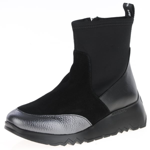 Wonders - E-6782 Low Wedge Ankle Sock Boots - Black / Metal 1
